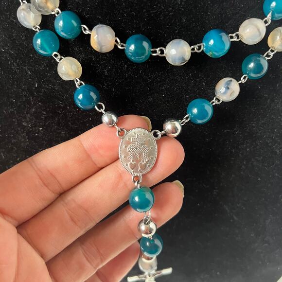 Blue Chalcedony Stone Miraculous Medal Rosary 3D Crucifix Catholic Silver Bead - Picture 6 of 8